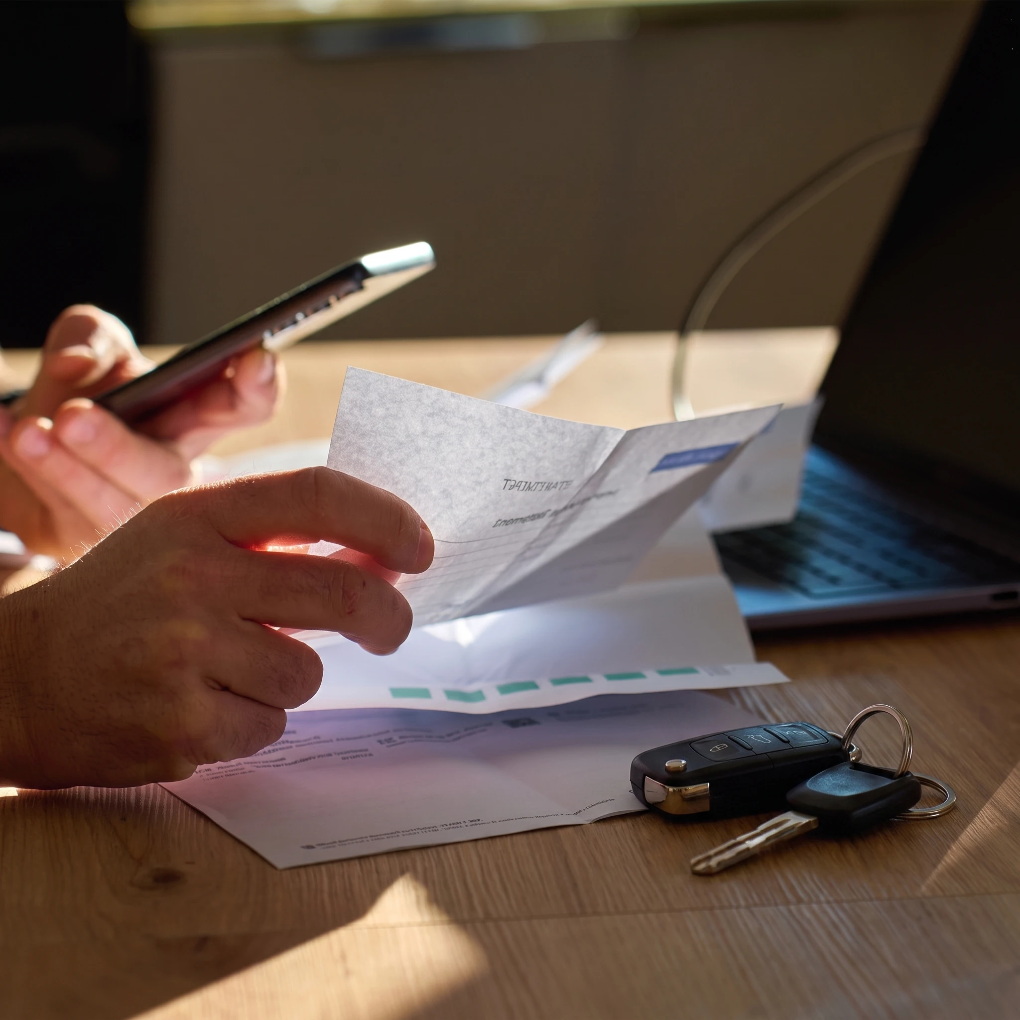 Personne qui lit son avis de renouvellement d'assurance auto, téléphone en main, clés de voiture sur la table