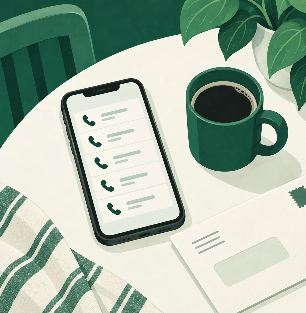 Un téléphone posé sur une table de cuisine qui affiche cinq appels manqués de numéros inconnus, à côté d’une tasse de café