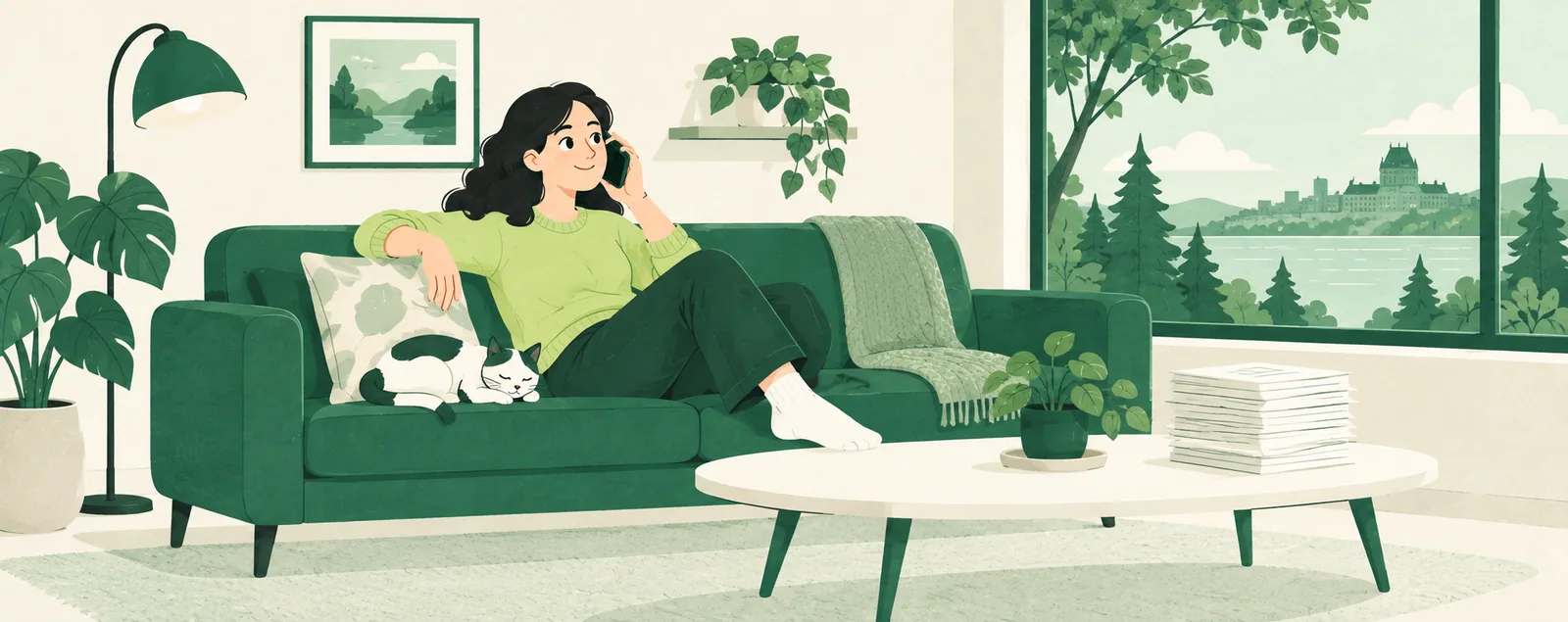 Une personne détendue sur un sofa vert, le téléphone à l’oreille, et sur la table basse devant elle une haute pile de formulaires poussée au bout