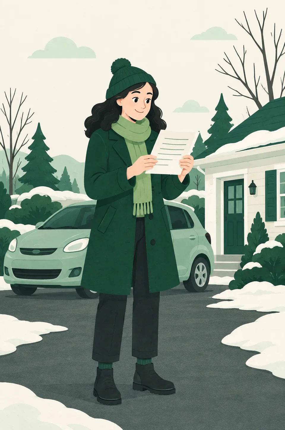 Someone standing in their driveway holding a car renewal notice, their car parked behind them under a late-winter sky