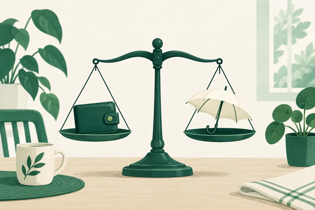Une balance de cuisine improvisée où un porte-monnaie d’un côté fait contrepoids à un petit parapluie de l’autre, sur une table de cuisine