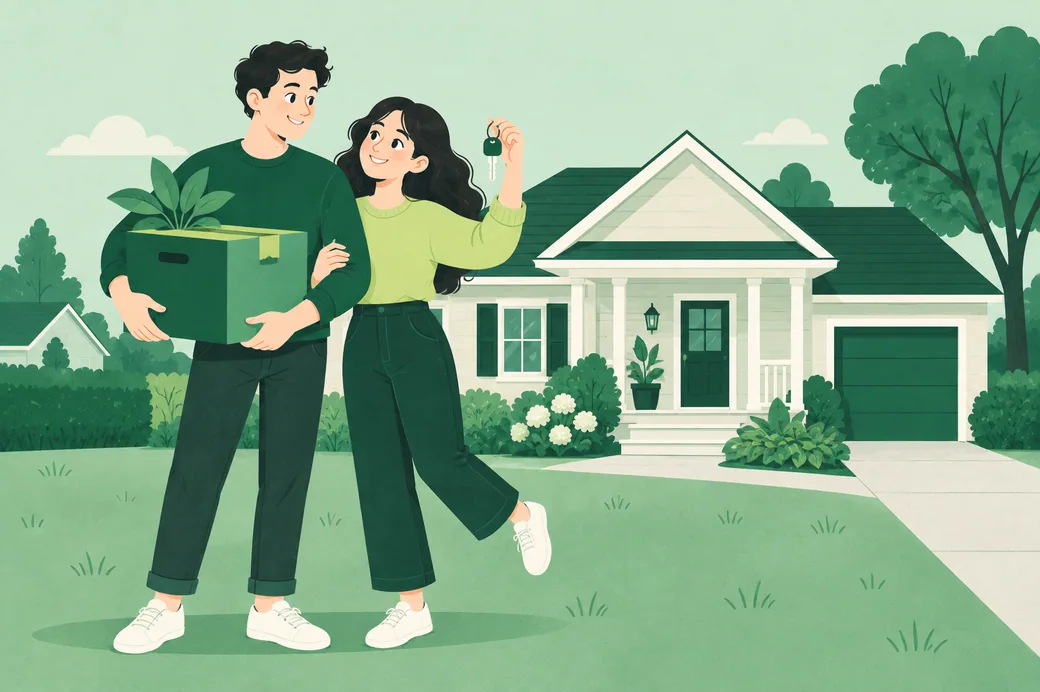 Un jeune couple debout devant une maison de banlieue québécoise, une boîte de déménagement dans les bras et une clé neuve à la main