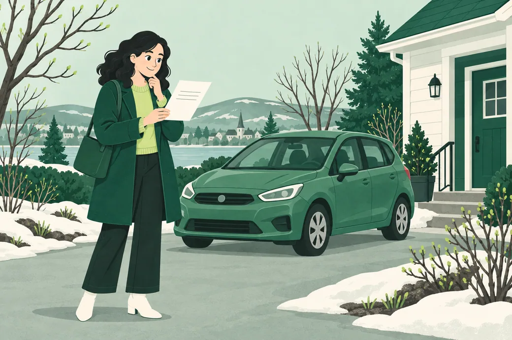 Une personne debout dans son entrée avec son avis de renouvellement d’auto à la main, sa voiture stationnée derrière elle sous un ciel de fin d’hiver