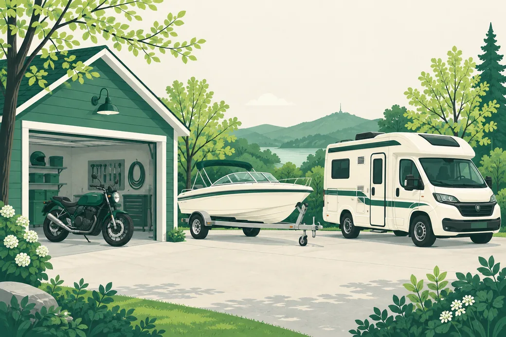 An open garage in spring with a motorcycle inside, a boat on its trailer and an RV parked in the driveway