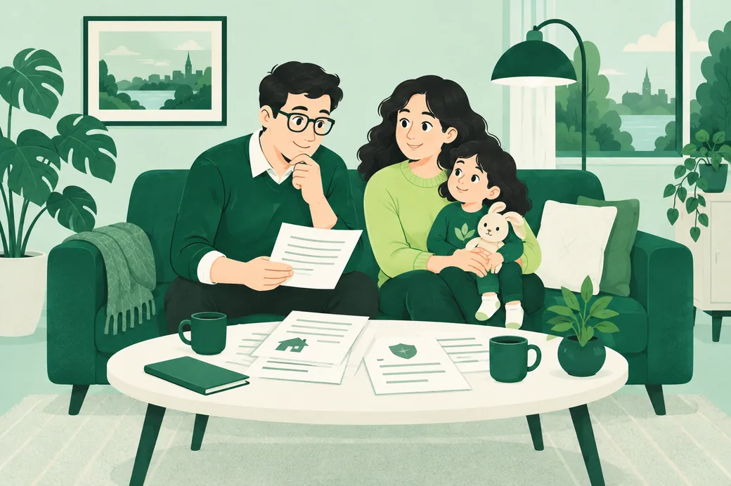 Two parents and a child sitting in a living room, a mortgage statement and papers spread on the coffee table in front of them