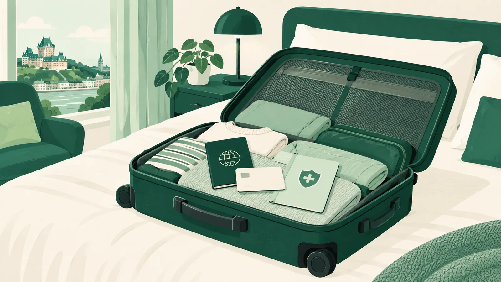 An open suitcase on a bed with a passport, a credit card and a small insurance booklet sitting on top of the clothes