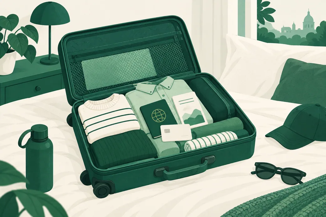 An open suitcase on a bed with a passport, a credit card and a small insurance booklet sitting on top of the clothes