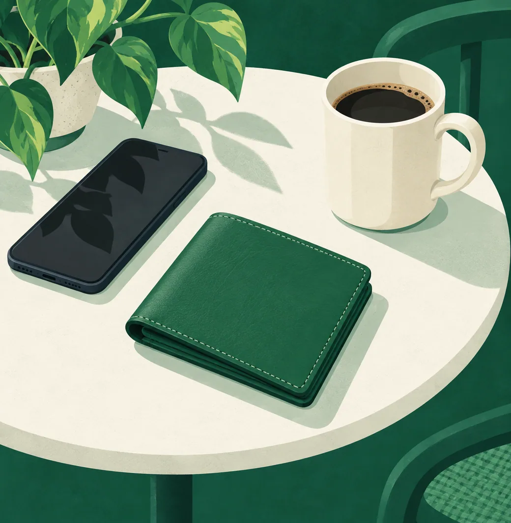 Un portefeuille fermé posé à côté d’un téléphone et d’une tasse de café, sur une table de cuisine