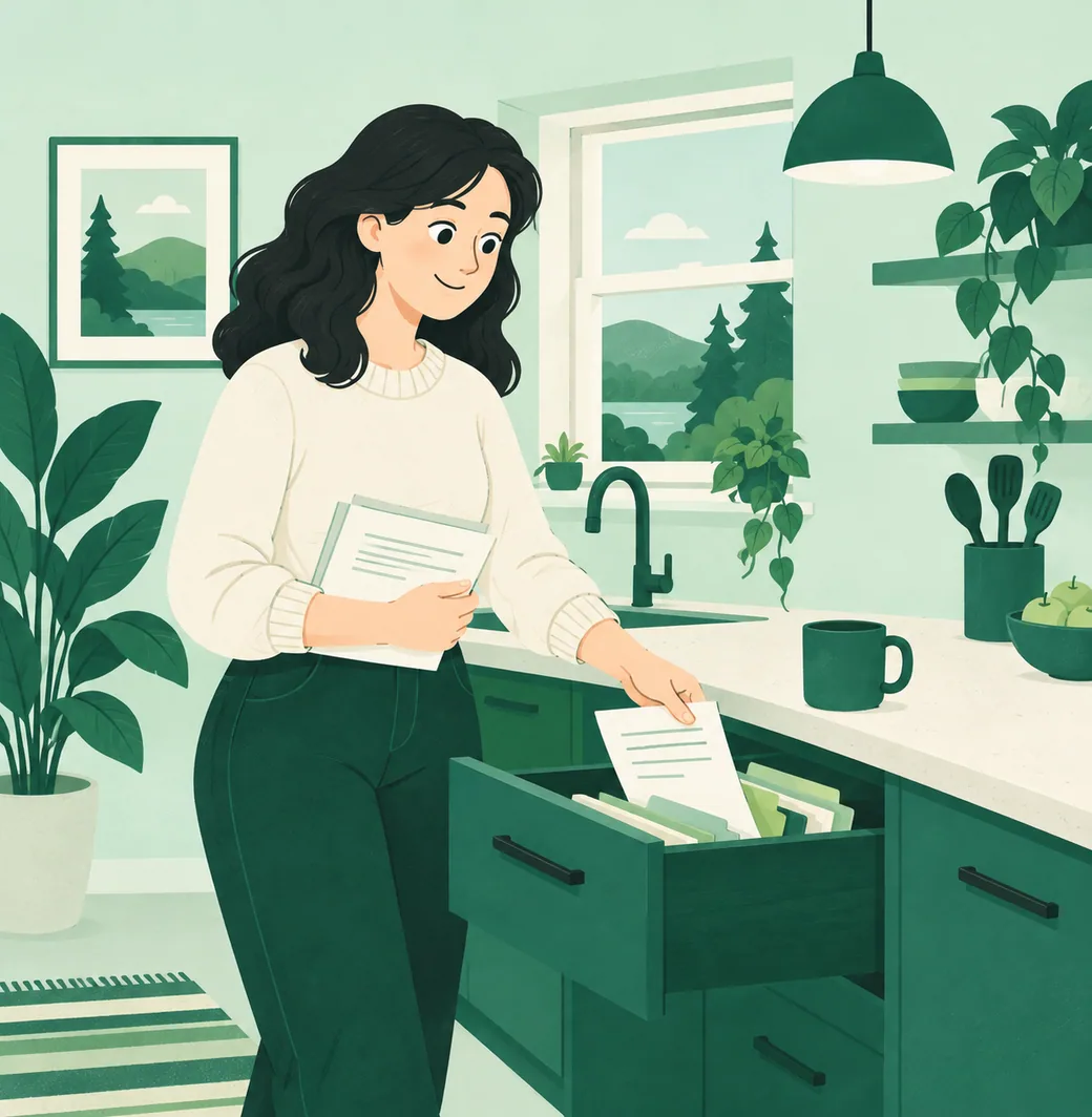 Une personne qui range son avis de renouvellement dans un tiroir de cuisine, la maison tranquille autour d’elle
