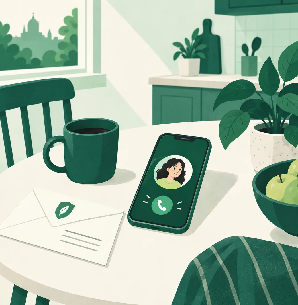 Un téléphone posé sur une table de cuisine qui affiche un seul appel entrant, à côté d’une tasse de café et d’une enveloppe d’assurance