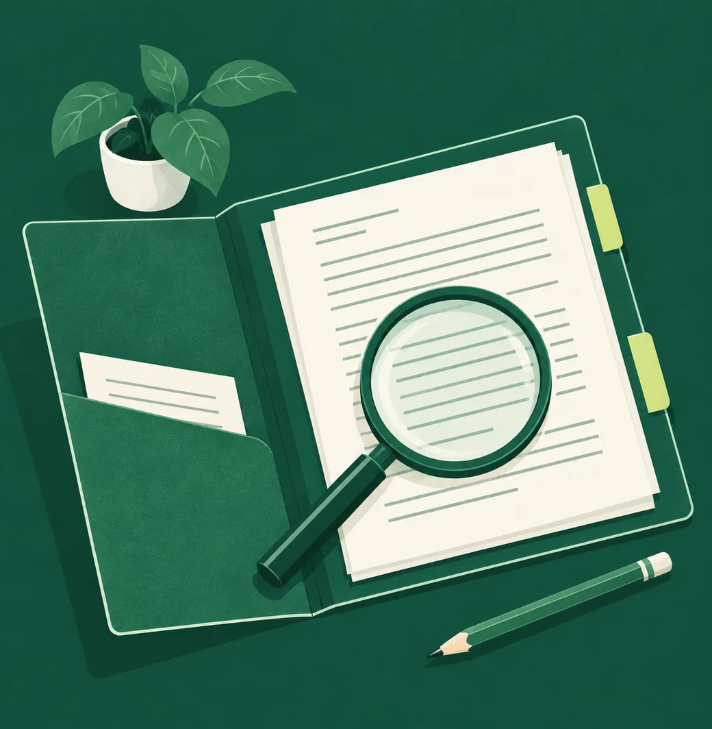 Un dossier ouvert, une loupe posée sur une des pages du contrat
