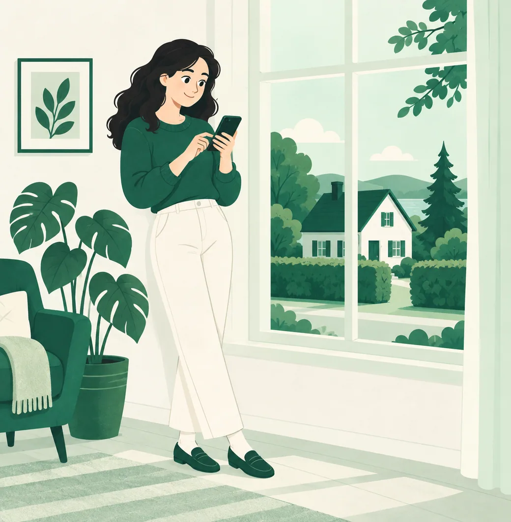 Une personne debout chez elle qui regarde son téléphone, une fenêtre et une maison derrière elle