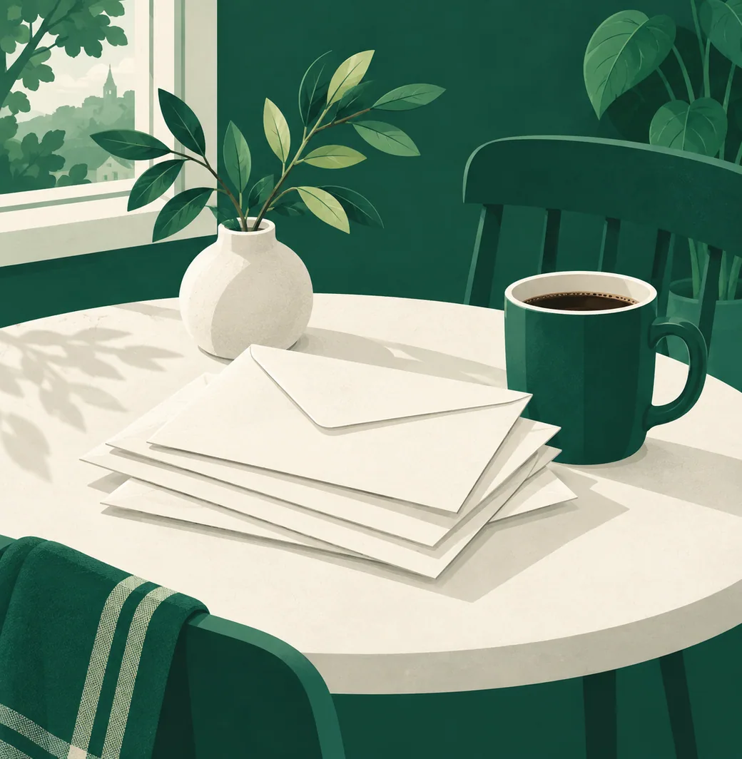 Une pile d’enveloppes de renouvellement jamais ouvertes sur une table, à côté d’une tasse de café