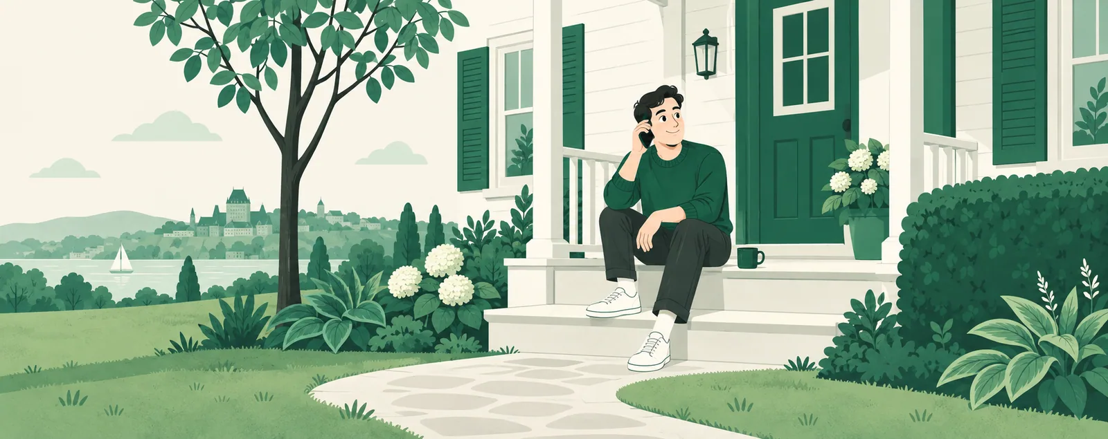 Une personne assise sur les marches de la galerie de sa maison, le téléphone à l’oreille, une tasse de café à côté d’elle, avec un arbre et une haie de chaque côté de la maison