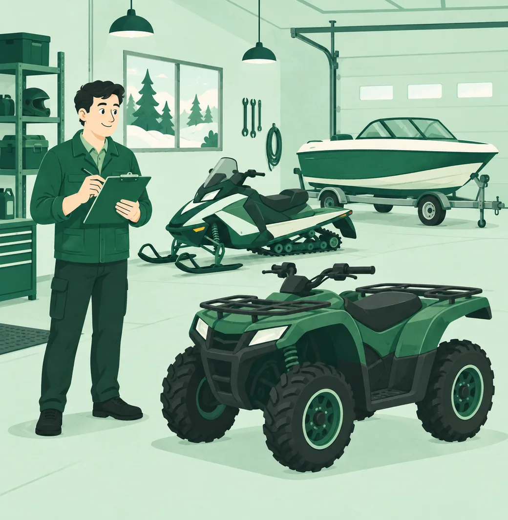 A specialist going over a snowmobile, an ATV and a boat in a garage