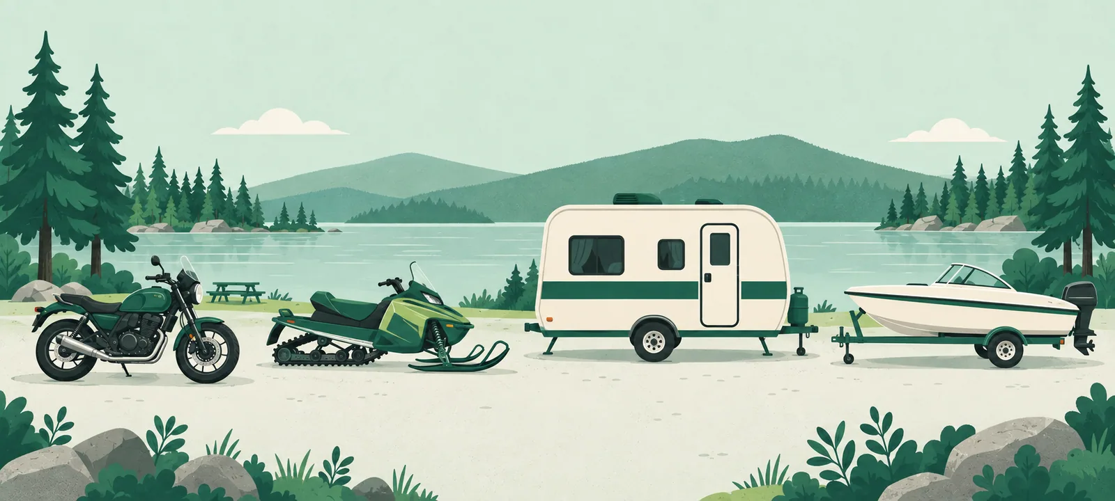 A motorcycle, a snowmobile, a travel trailer and a small boat on its trailer, lined up in front of a lake and pine trees