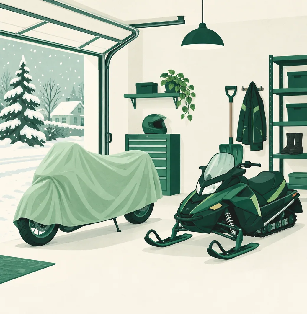 A motorcycle under its cover while a snowmobile waits for the first snow