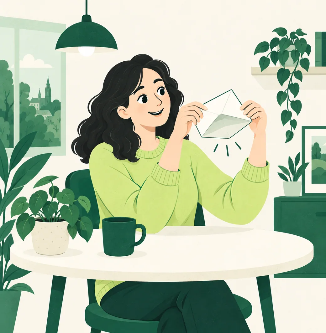 Une personne souriante, assise à une table ronde en bois entre une tasse et une plante en pot, qui tient en l’air une enveloppe vide retournée, aucune facture n’en tombe