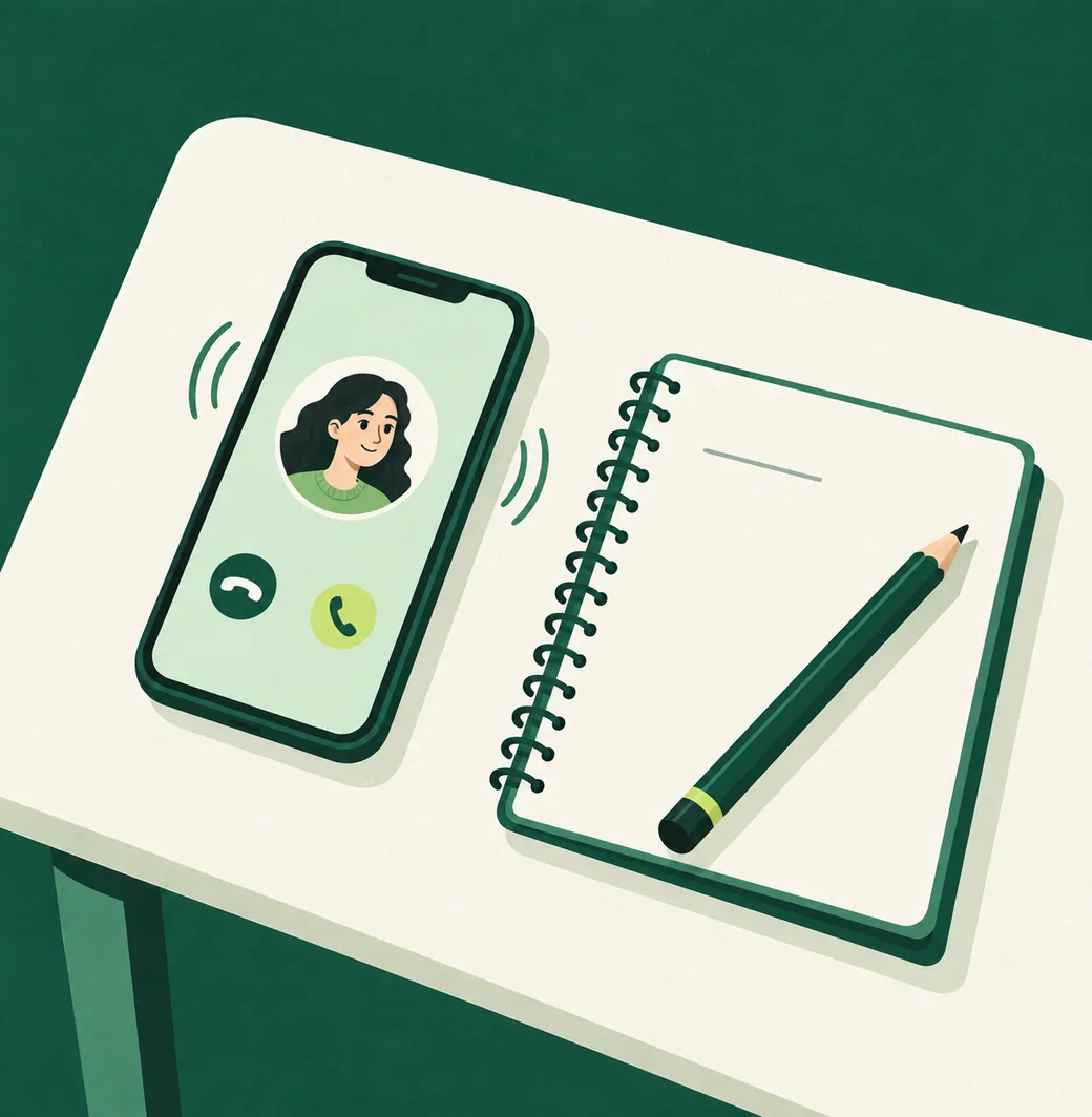 Un téléphone qui sonne sur une table, à côté d’un carnet et d’un crayon