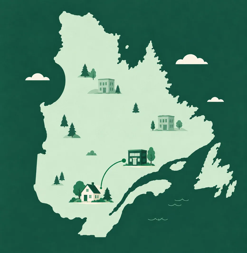 Une carte simplifiée du Québec où une seule ligne relie une maison à un bureau de quartier, les autres bureaux demeurant en retrait
