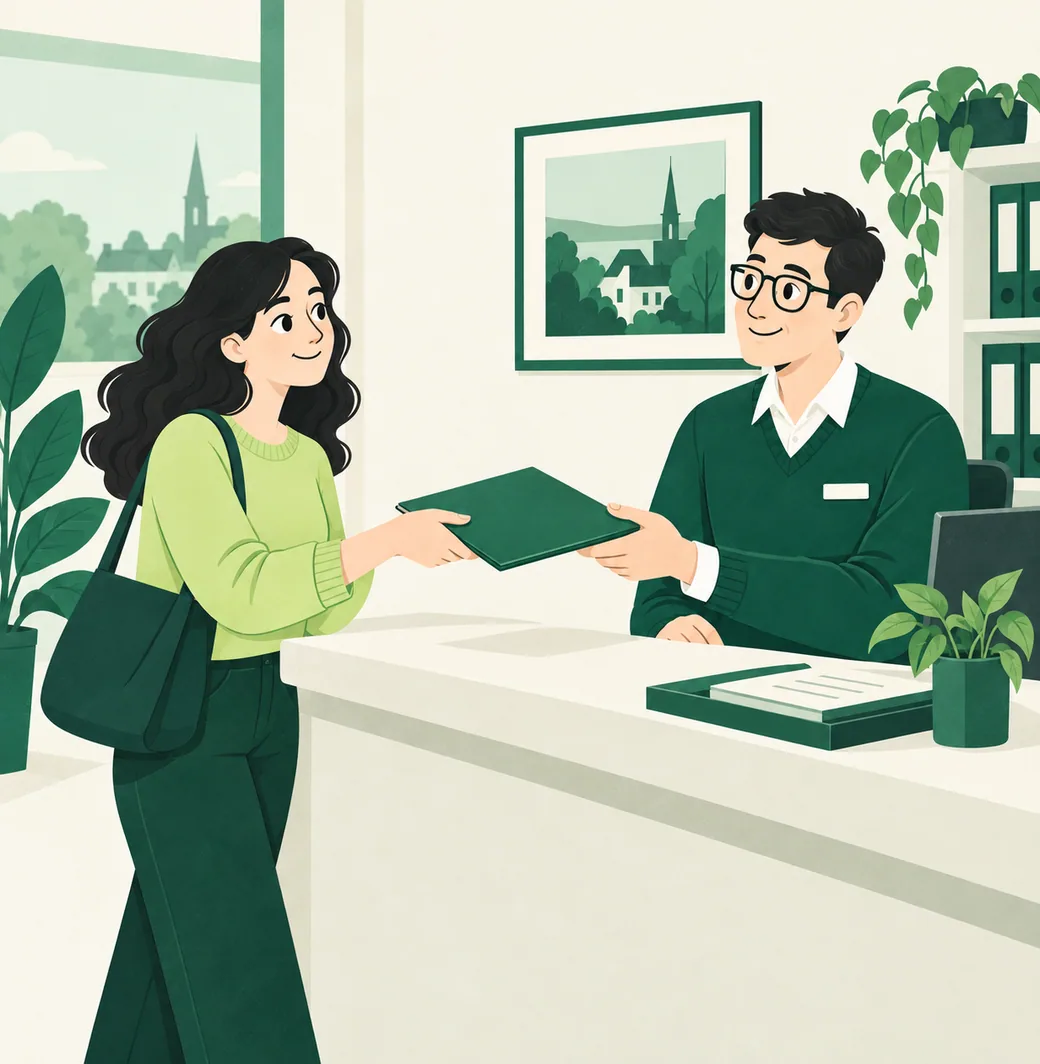 Dans un petit bureau de quartier, une cliente, son sac à l’épaule, tend un dossier vert fermé à un représentant en assurance par-dessus un comptoir en bois où sont posées une petite plante et une pile de dossiers