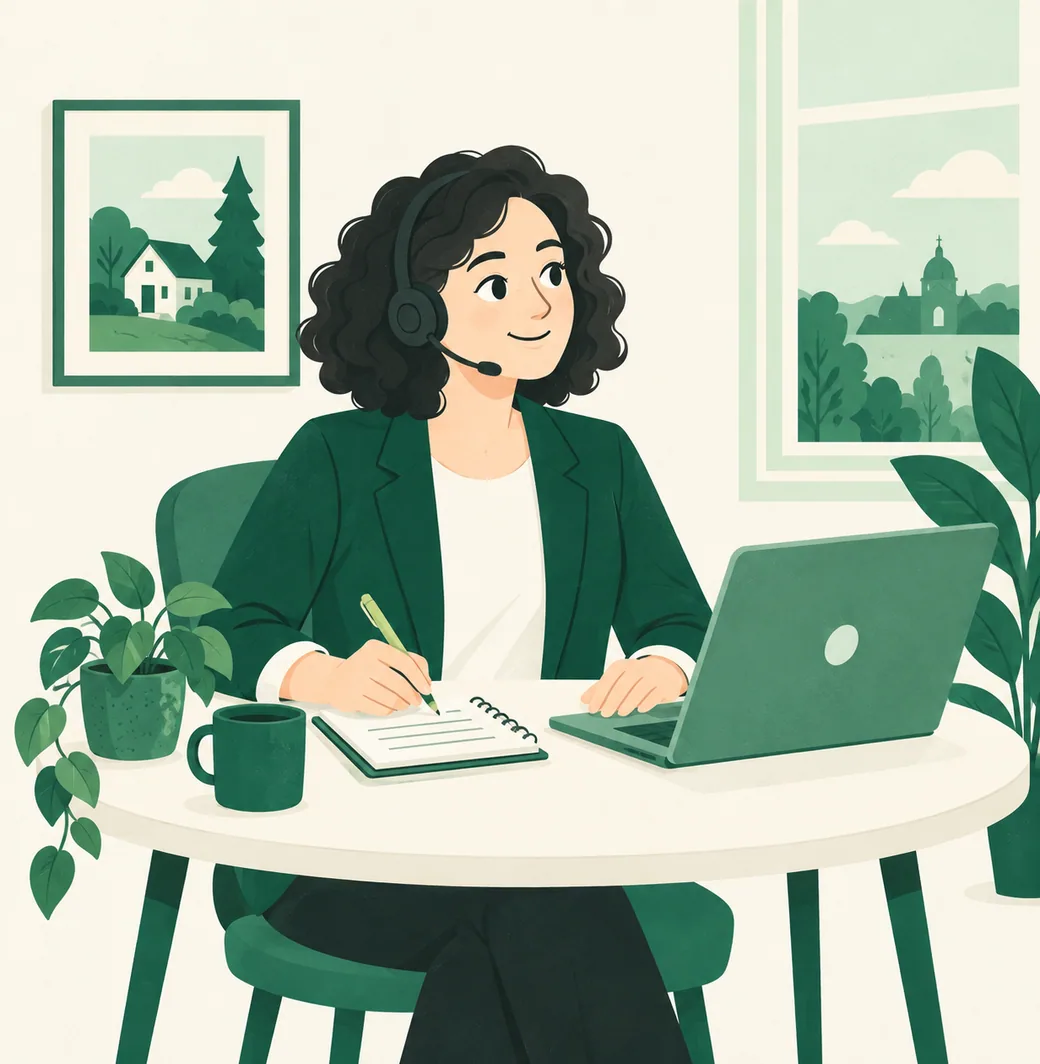 An insurance specialist wearing a headset, on a call at her laptop