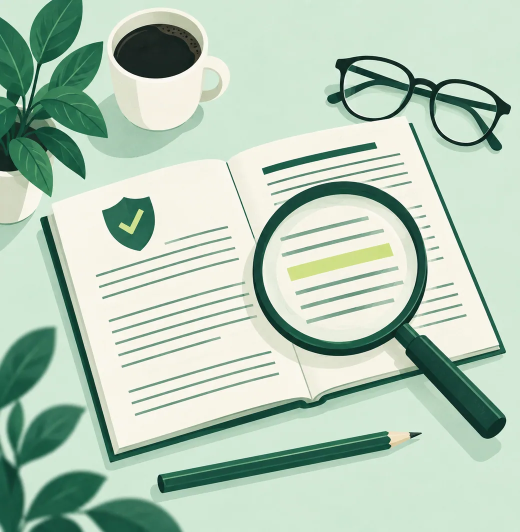 An insurance policy under a magnifying glass, with a checked shield in the corner