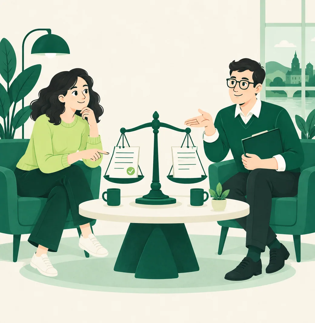 A customer and a specialist comparing two quotes on a scale