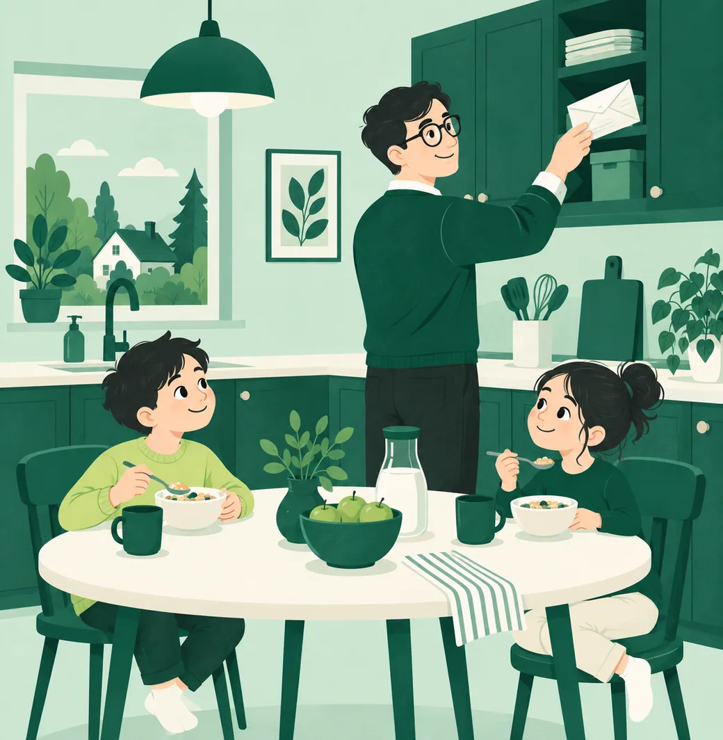 Une famille dans la cuisine le matin, un parent qui range une enveloppe pendant que les enfants déjeunent