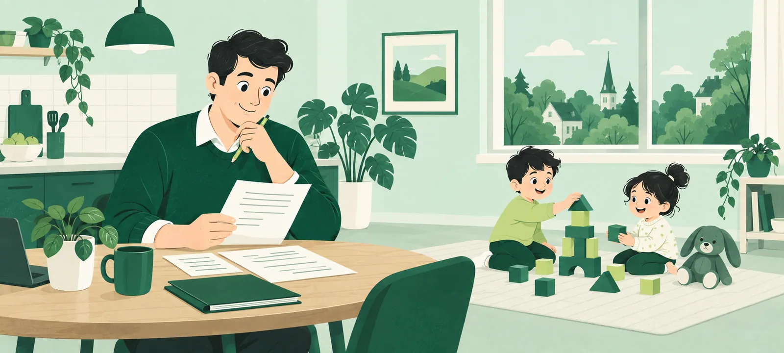 Un parent assis à la table de cuisine avec ses papiers, ses enfants qui jouent derrière lui