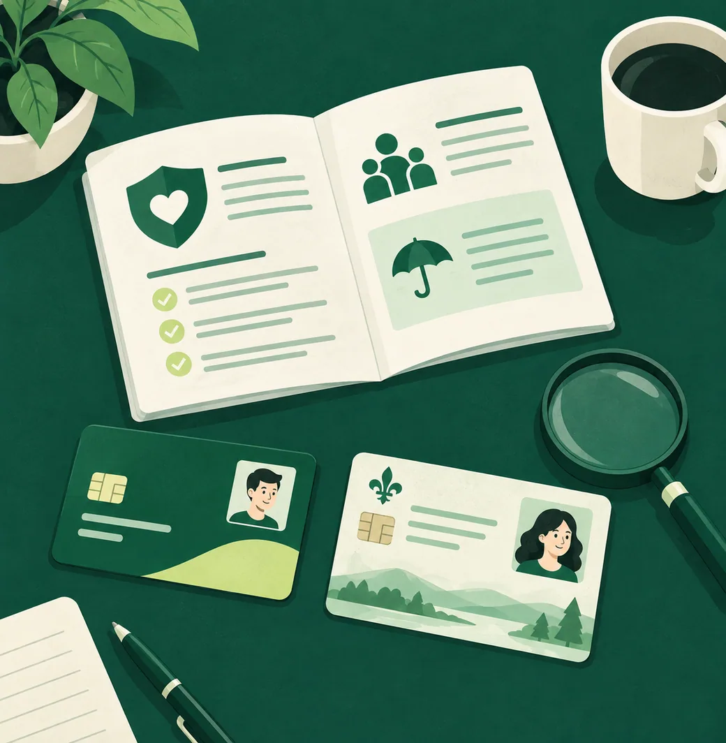 A credit card, a health insurance card and an employer booklet side by side