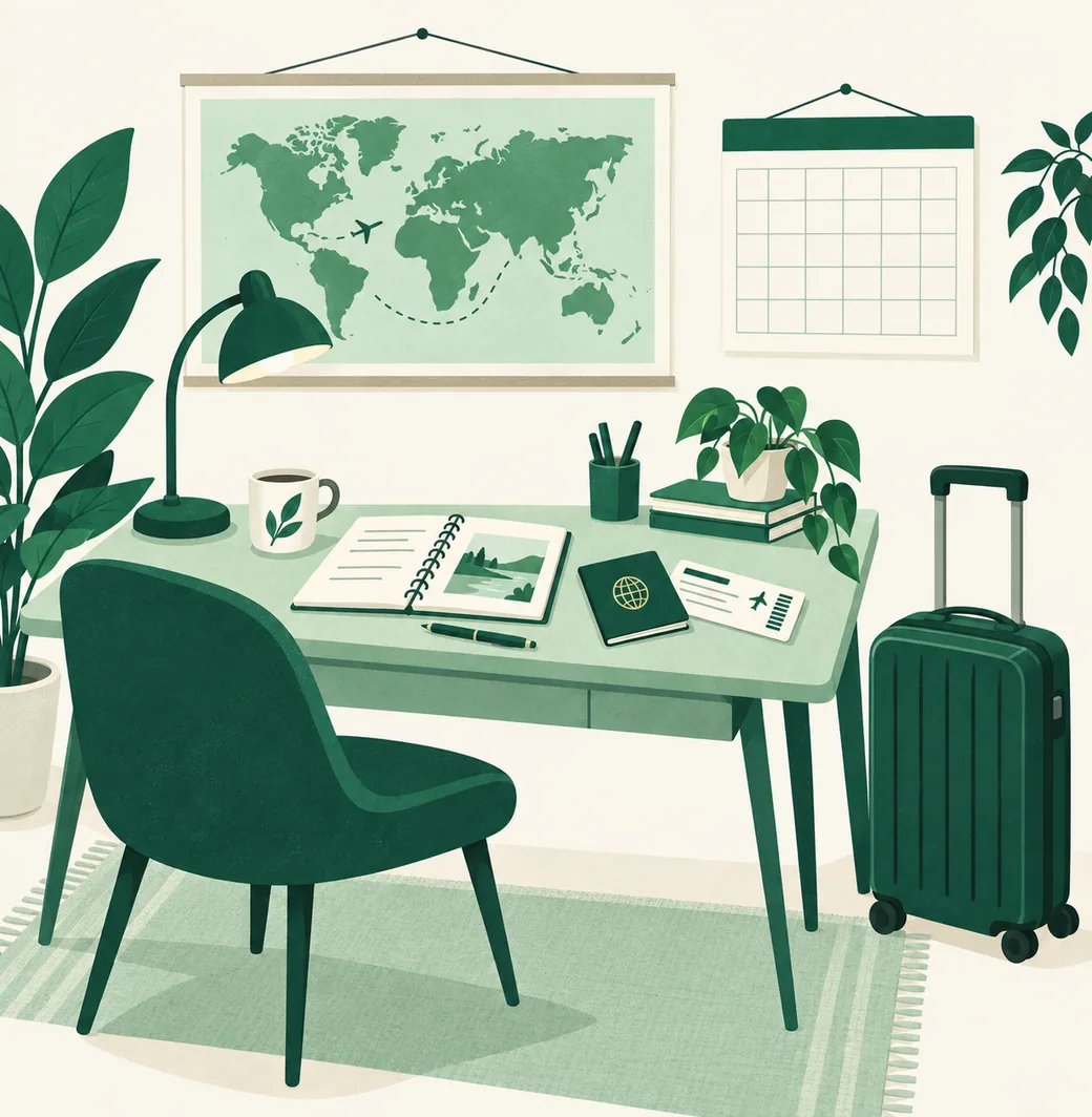 A world map and a calendar on the wall, a boarding pass and a passport on the desk, a suitcase beside it