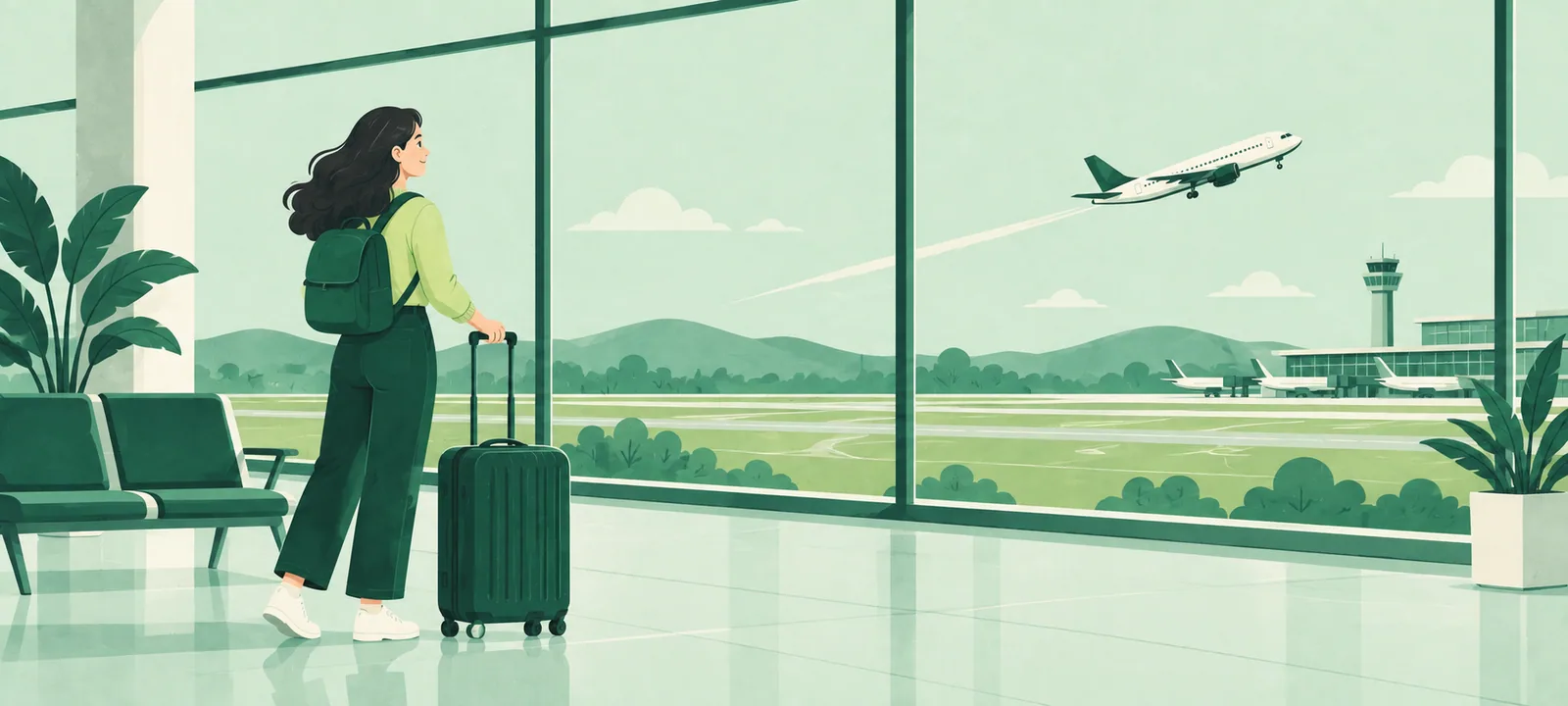 Someone seen from behind, hand on a rolling suitcase, watching a plane take off through the airport window