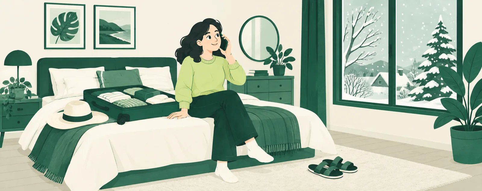 A person sitting on the edge of the bed with a phone to their ear beside a half-packed open suitcase, a sun hat and sandals on the floor, and snow falling on a spruce tree outside the window